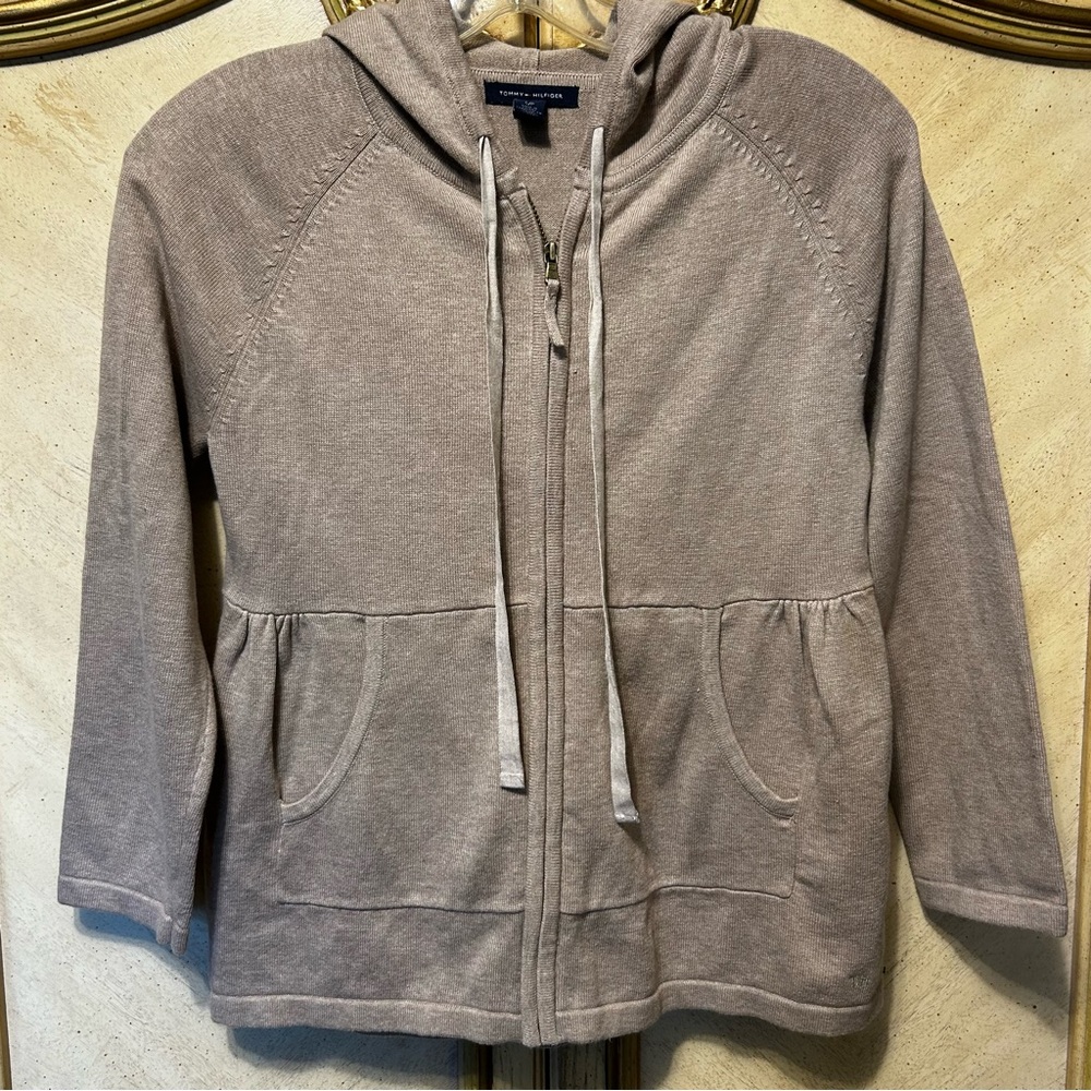 Tommy Hilfiger Tan Hooded Zip Front Sweater Cardigan
